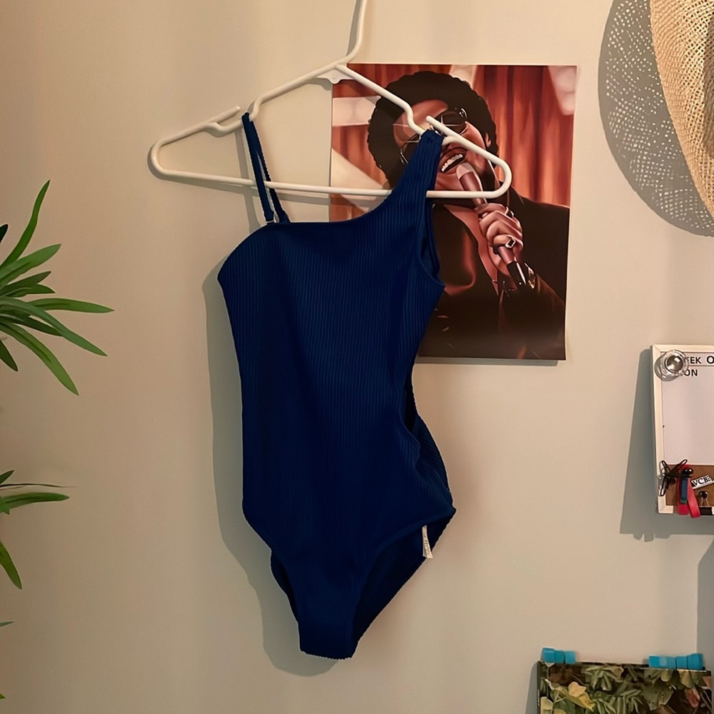 navy blue asymmetrical one piece bathing suit